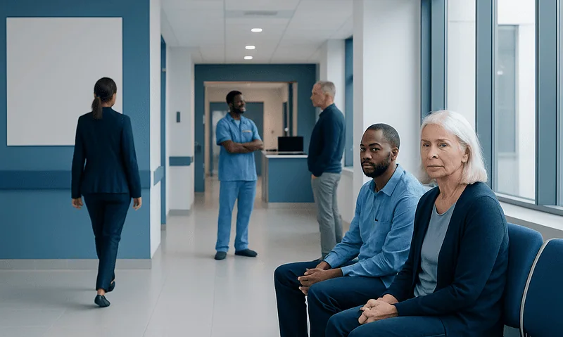 Patients waiting in a hospital corridor at Acibadem Hospitals Group.