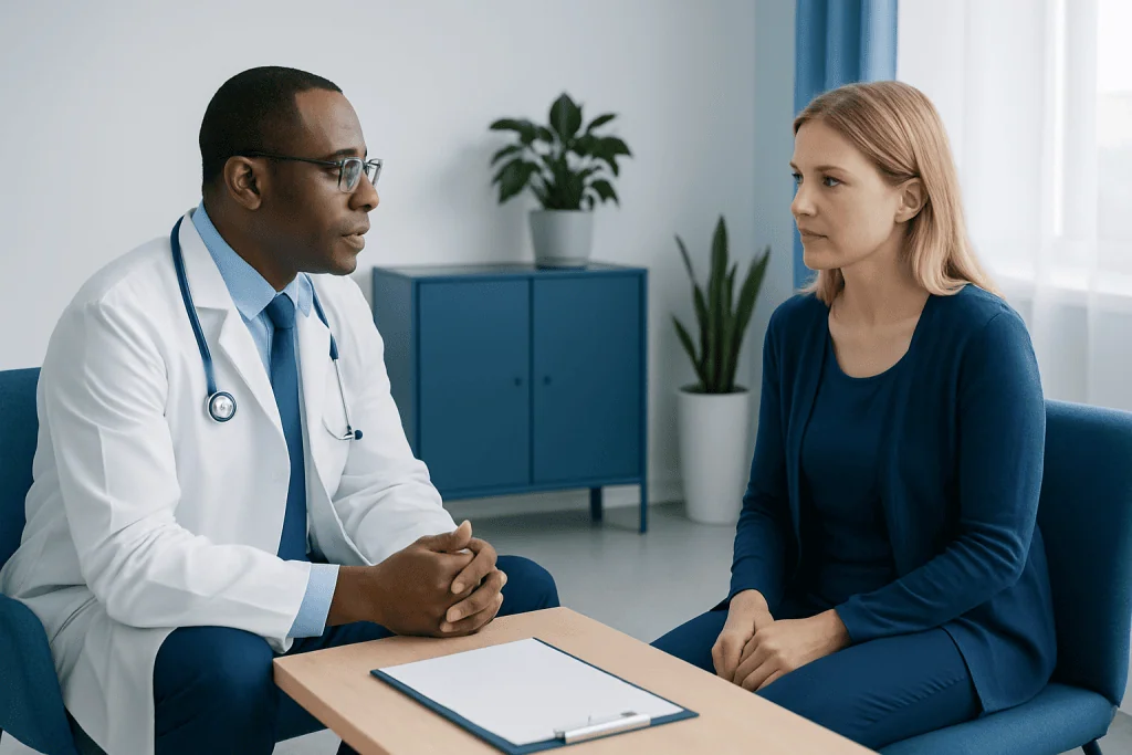 Doctor consulting with a female patient in a modern clinic setting.