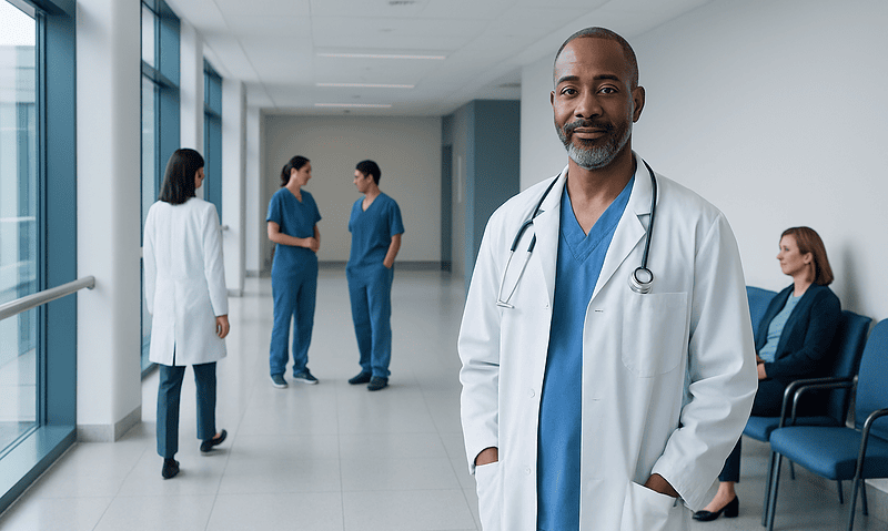 Medical team in hospital corridor with doctor in foreground.