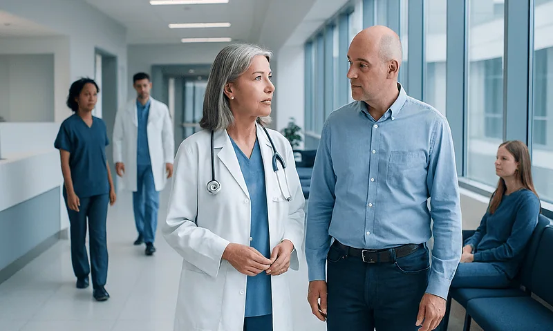 Medical team discussing patient care in a modern hospital corridor.