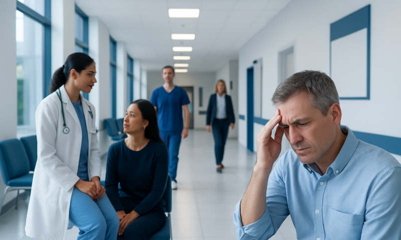 Patient experiencing headache in hospital corridor with medical staff nearby.