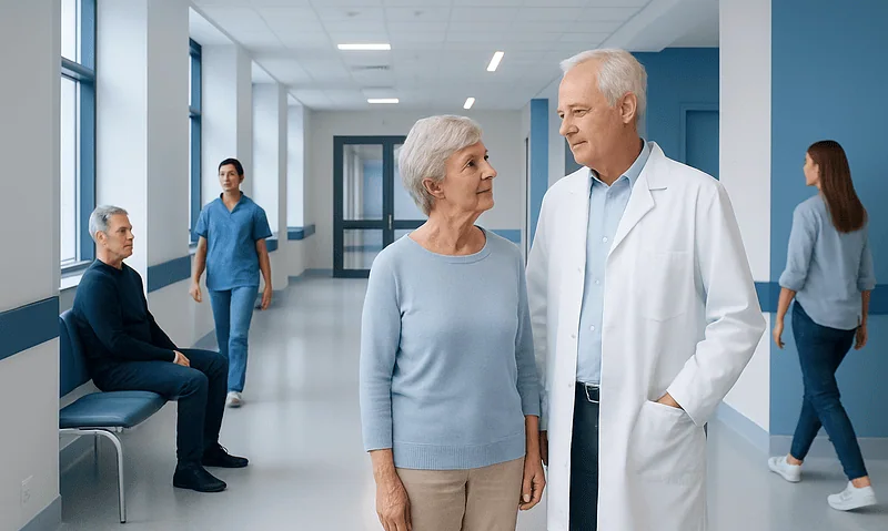 Senior woman consulting with an eye doctor in a hospital corridor.