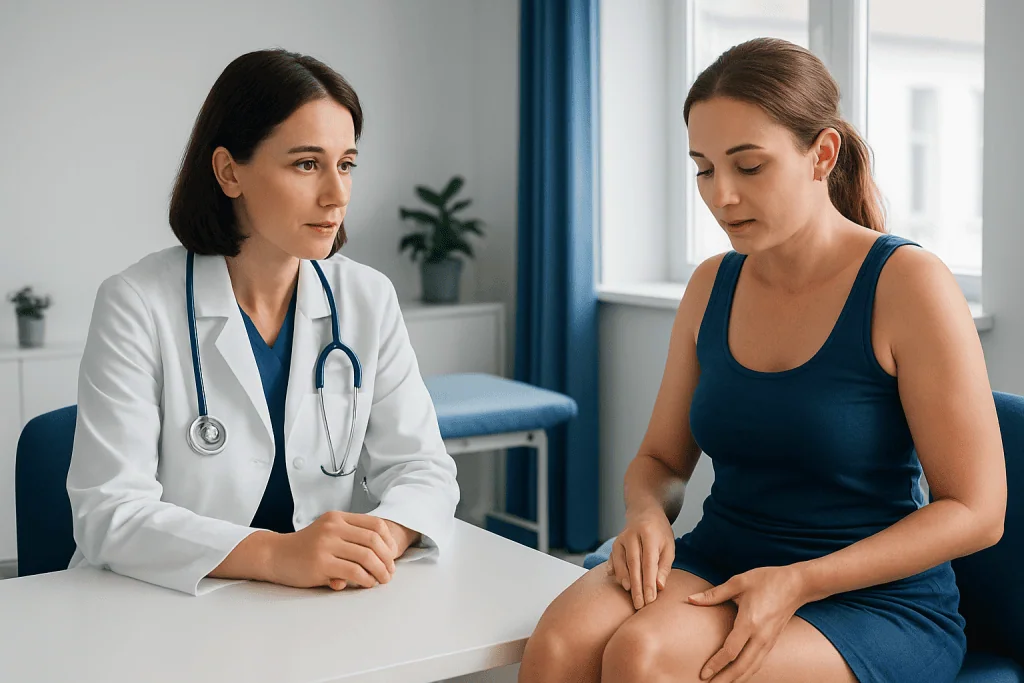Doctor consulting with a woman about cellulite treatment options.