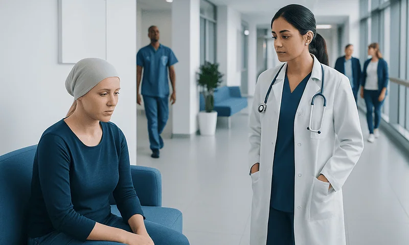 Doctor talking to a patient in a hospital corridor.