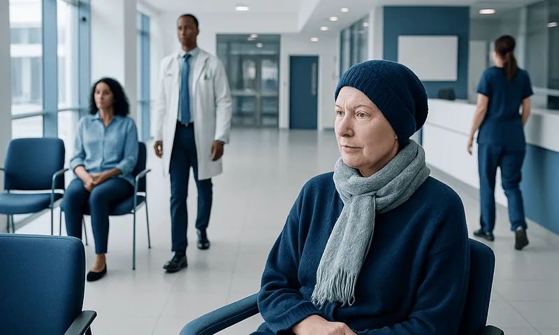Patient waiting in hospital corridor with medical staff nearby.