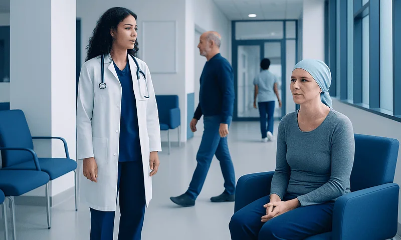 Patient with headscarf talking to doctor in hospital corridor.