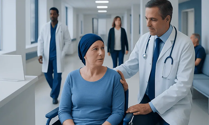 Doctor consulting a female patient in a hospital corridor.