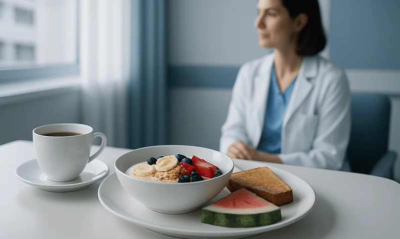Doctor contemplating breakfast with coffee and fruit in a clinical setting.