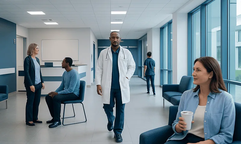 Diverse medical team in hospital corridor with patients and staff.