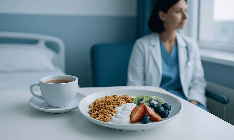 Doctor looking out window with breakfast and coffee on table.