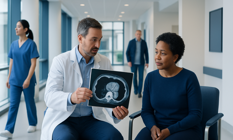 Doctor explaining colon scan results to patient in hospital corridor.