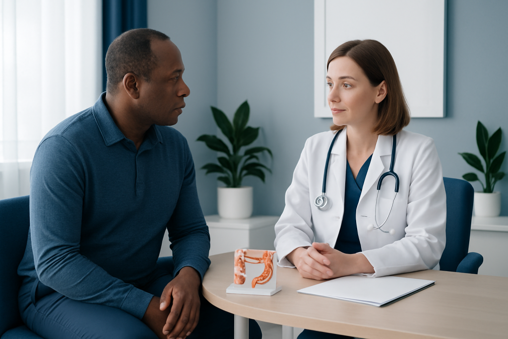 Doctor consulting with male patient in a medical office setting.