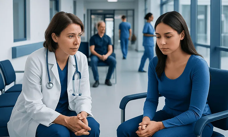 Doctor and patient discussing in hospital corridor.