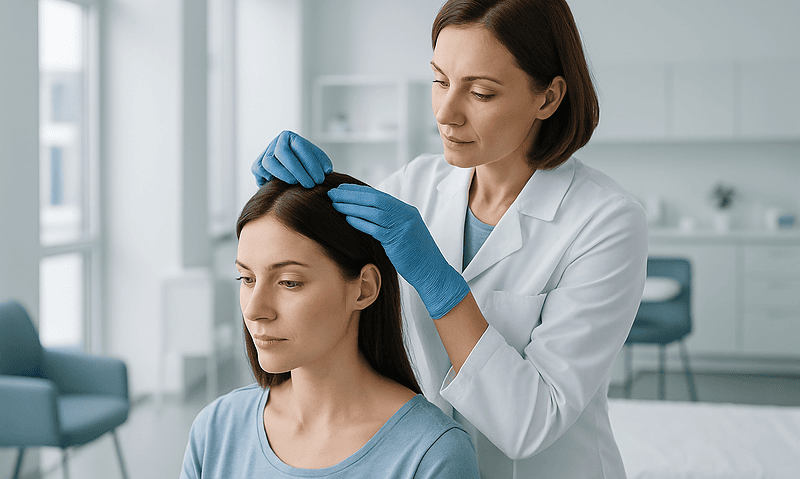 Doctor examining woman's scalp in a clinical setting.