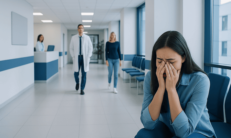 Young woman crying in hospital corridor with doctors in background.