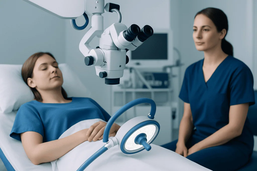 Medical team performing laparoscopic surgery in hospital operating room.
