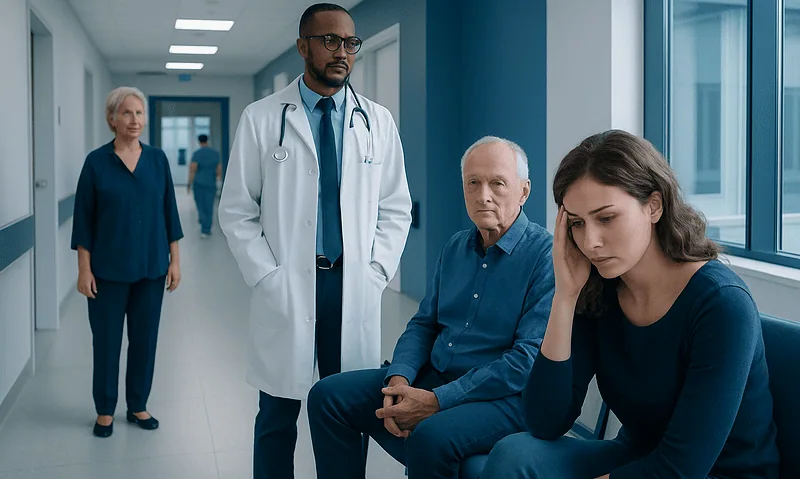 Medical team consulting with anxious patient in hospital corridor.