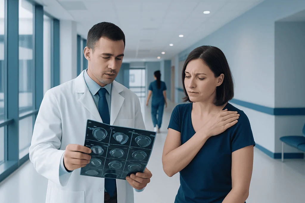 Does Frozen Shoulder Show Up on MRI: Preparation, Procedure and Results 1 Doctor reviewing MRI scans with a patient in hospital corridor.