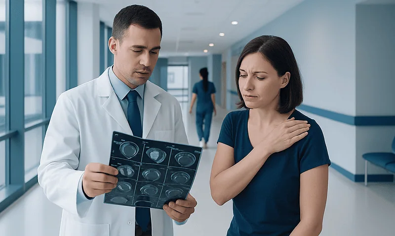 Doctor reviewing MRI scans with a patient in hospital corridor.