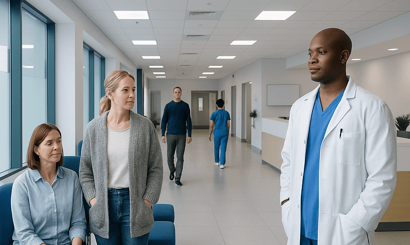 Does Hormonal Therapy Cause Cancer: How It Works, Results and What to Expect 15 Medical consultation in a modern hospital corridor with diverse staff and patients.