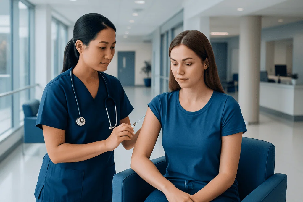 Does HPV Injection Hurt: How It Works, Results and What to Expect 1 Nurse administering HPV vaccine to a young woman in a hospital setting.