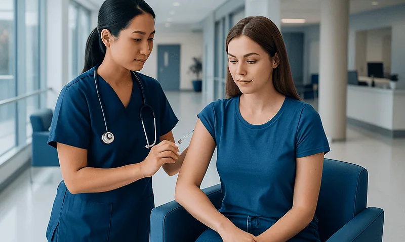 Nurse administering HPV vaccine to a young woman in a hospital setting.