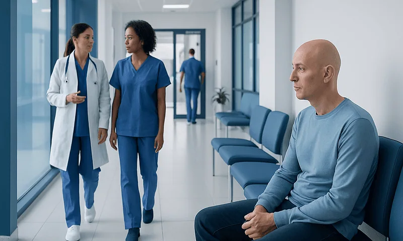 Patient waiting in hospital corridor with medical staff nearby.