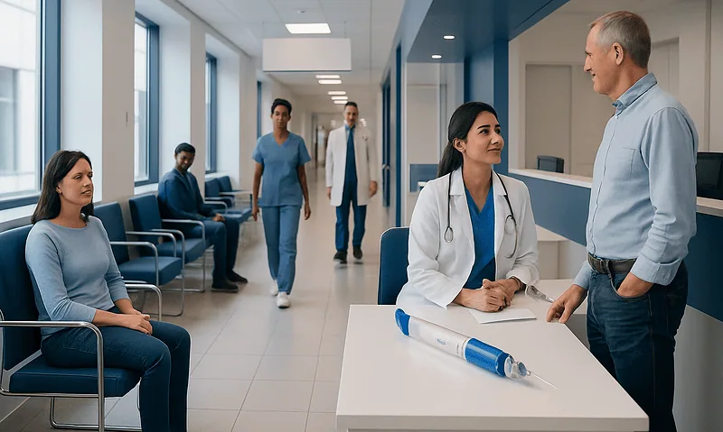 Hospital reception area with medical staff and patients.