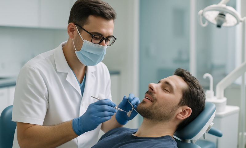 Does Insurance Cover Dental Implants? Coverage Realities and Out-of-Pocket Planning 5 Dentist examining patient's teeth in a modern dental clinic.