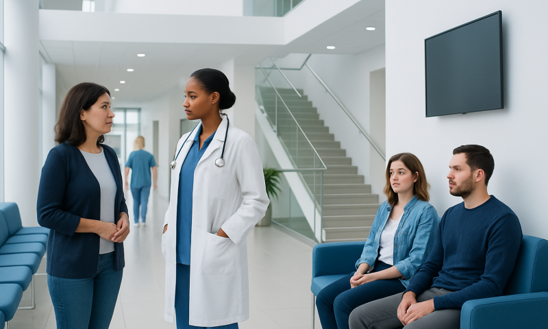 Medical consultation at Acibadem Hospital with doctor and patients.