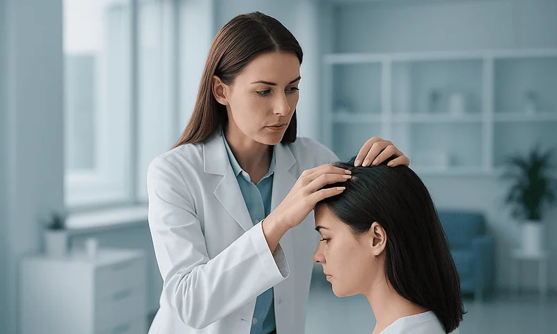 Dermatologist examining a woman's scalp in a clinical setting.