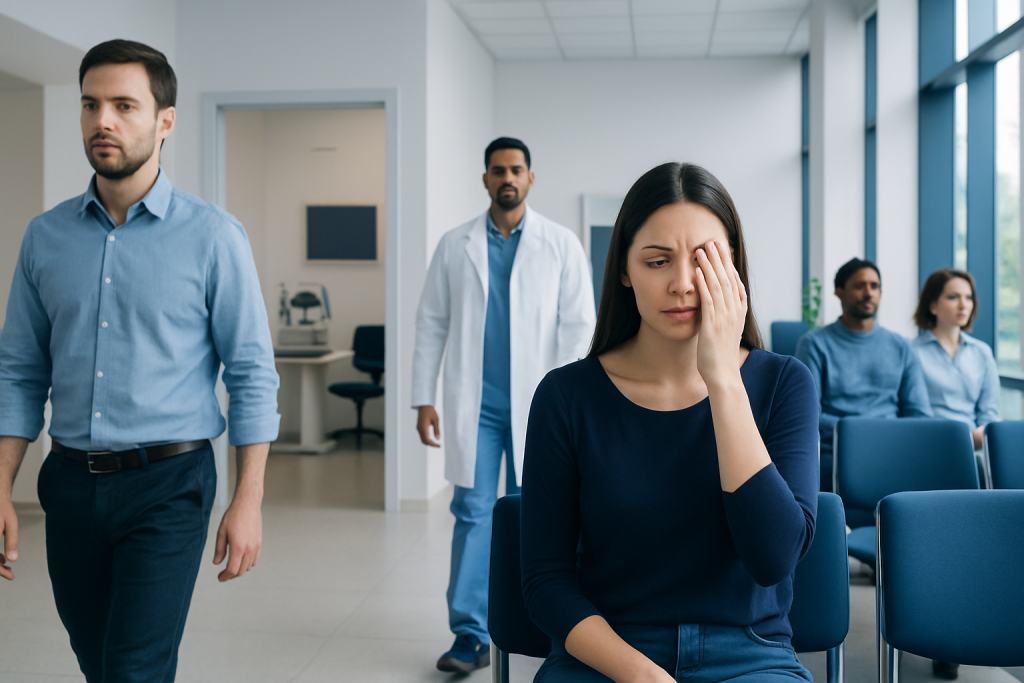Does LASIK Eye Surgery Hurt: Procedure, Recovery and Results 1 Patient experiencing discomfort during eye consultation at Acibadem Hospital.