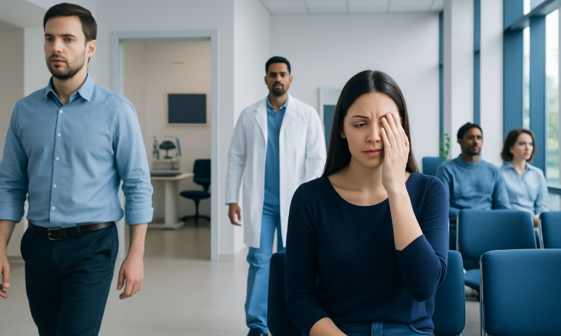 Patient experiencing discomfort during eye consultation at Acibadem Hospital.