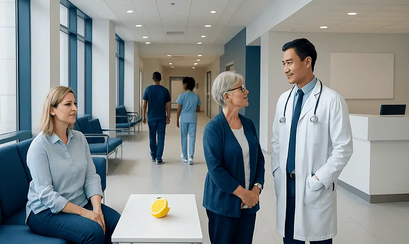 Doctor consulting with elderly patient in hospital corridor.