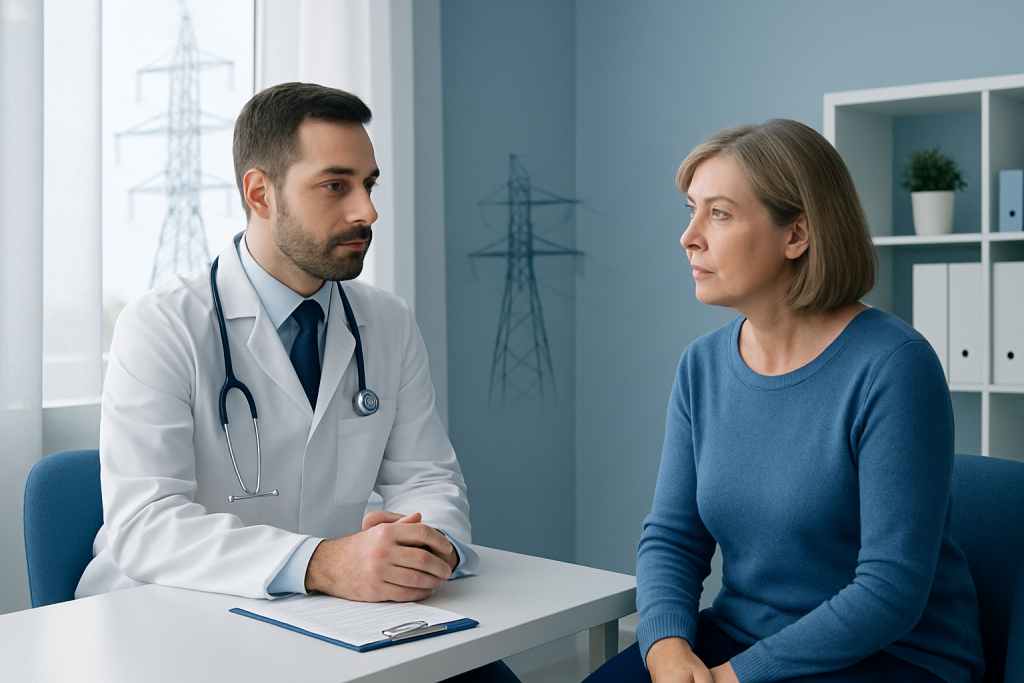 Doctor consulting with a patient in a medical office with power lines outside.