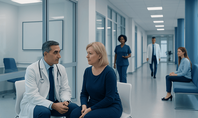 Doctor consulting with a female patient in a modern hospital corridor.