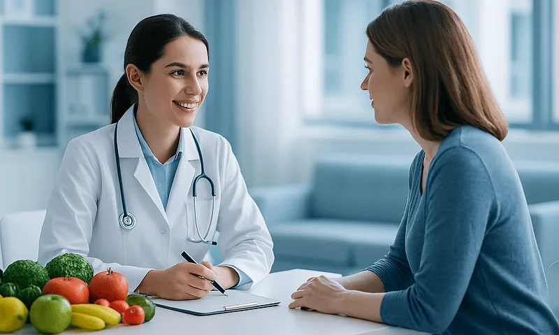 Doctor consulting with a patient about health in a modern clinic setting.