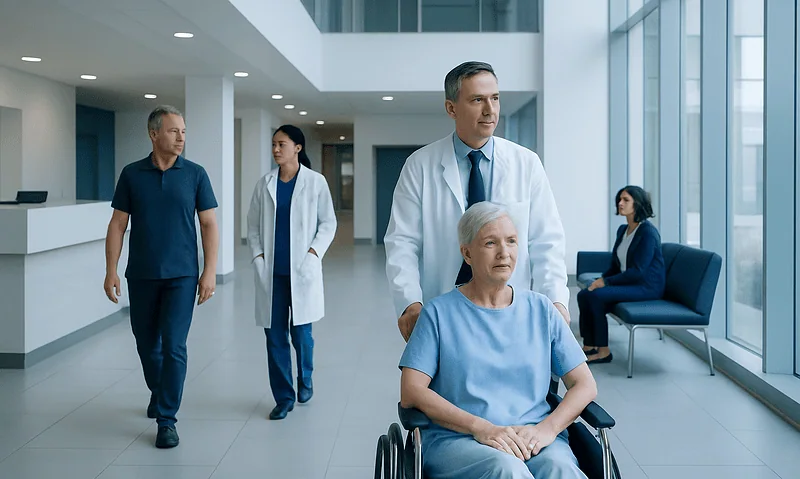 Hospital staff assisting elderly patient in wheelchair in modern healthcare facility.