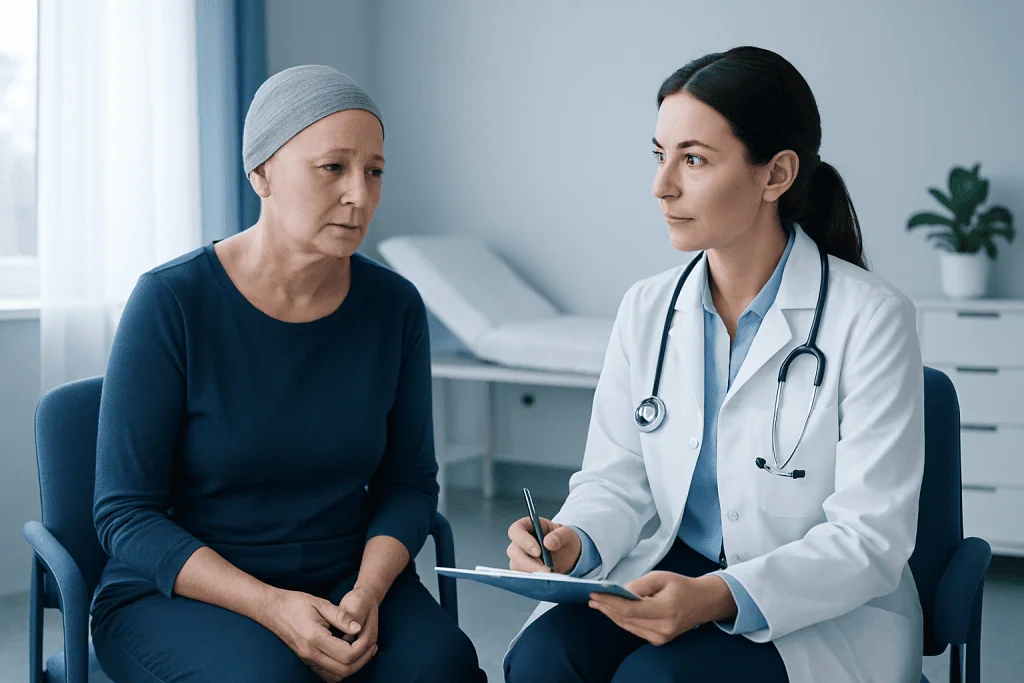 Doctor consulting with a female patient in a medical office.
