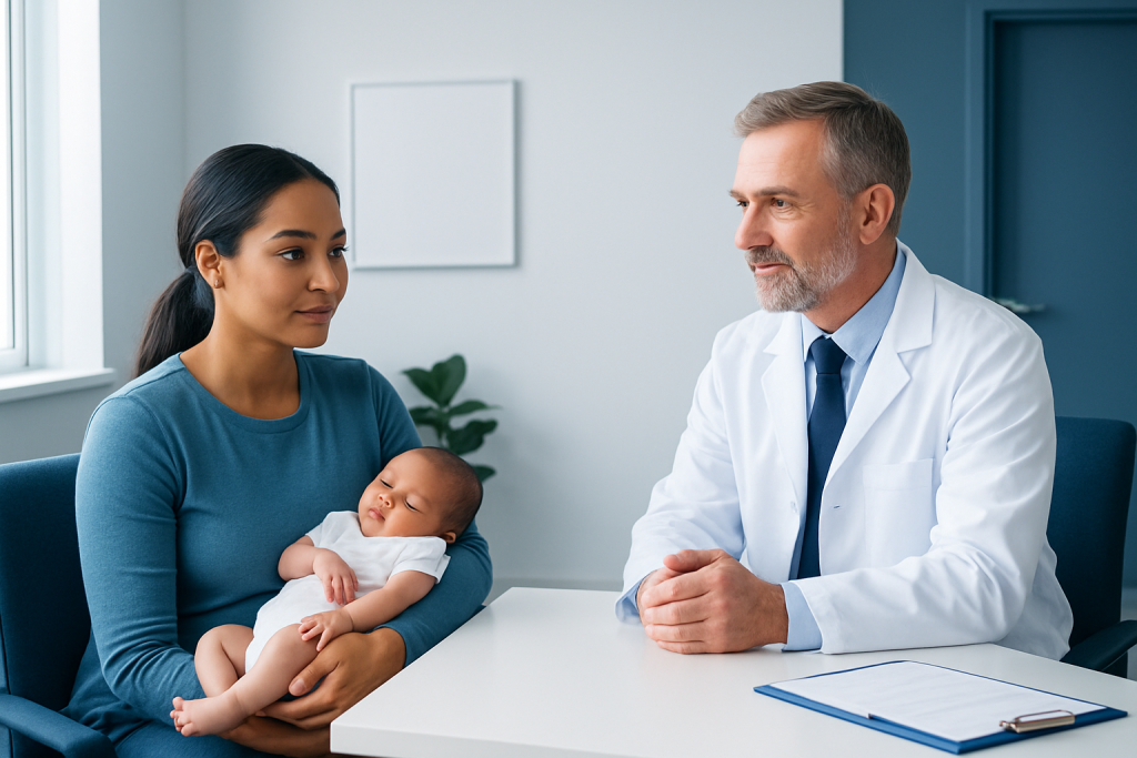 Pediatrician consulting new mother with baby in hospital setting.