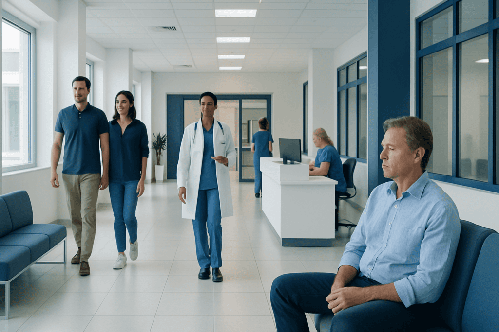 Does Nicotine Cause ED? Effects on Blood Flow 1 Patients and healthcare professionals in a modern hospital corridor.
