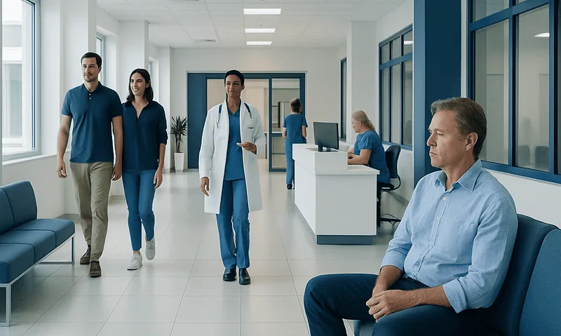 Patients and healthcare professionals in a modern hospital corridor.