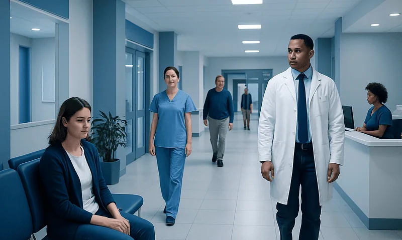 Hospital corridor with medical staff and patients in a modern healthcare facility.