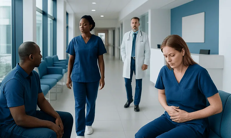 Medical professionals discussing patient care in a hospital corridor.