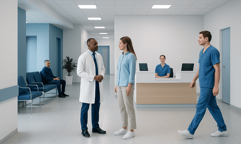 Doctor consulting with a patient in a modern hospital corridor.