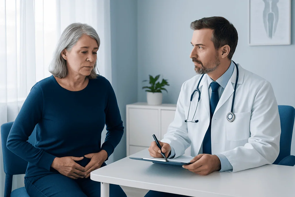 Doctor consulting with an older woman in a medical office setting.