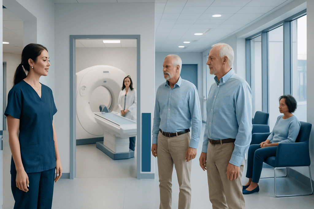 Does PET Scan Have Radiation: How It Works, Results and What to Expect 1 Medical staff discussing in a hospital corridor near a CT scanner.