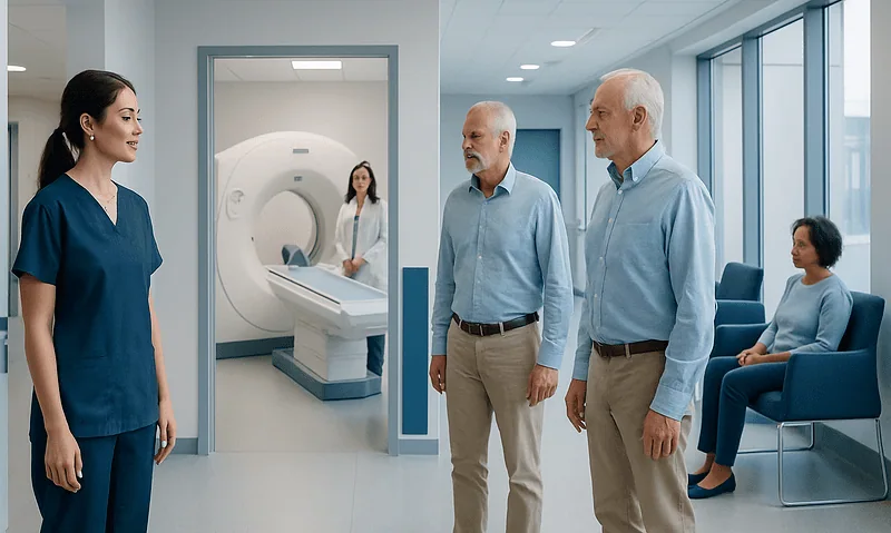 Medical staff discussing in a hospital corridor near a CT scanner.