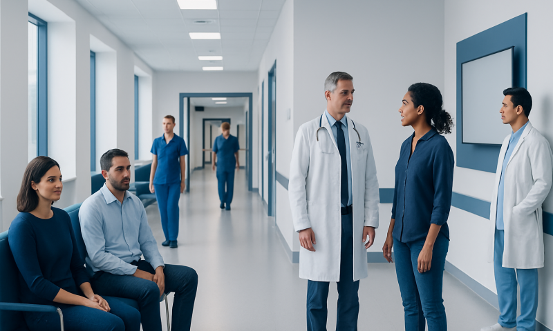 Medical team discussing patient care in hospital corridor.