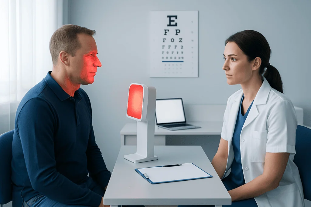 Patient undergoing red light vision therapy at a clinic.